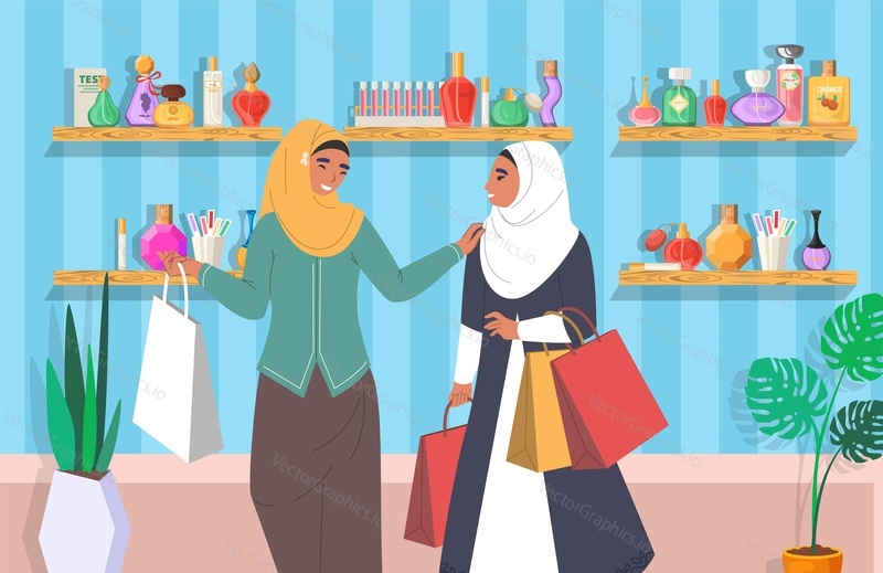 Счастливые мусульманские женщины в парфюмерном магазине, плоская векторная иллюстрация. Арабские девушки в традиционной одежде, хиджабах с хозяйственными сумками. Парфюмерия, интерьер универмага с полками, полными флаконов духов.