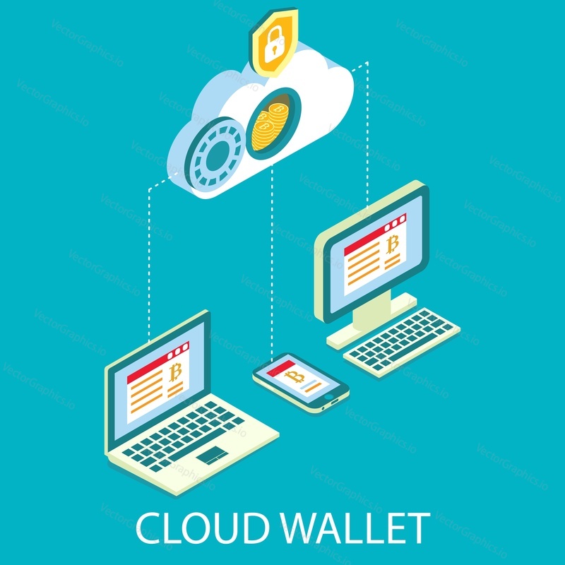 Cloud cryptocurrency wallet, flat vector illustration. Isometric bitcoin cloud connected to mobile phone, laptop and desktop computers. Digital money storage, online crypto coin wallet.