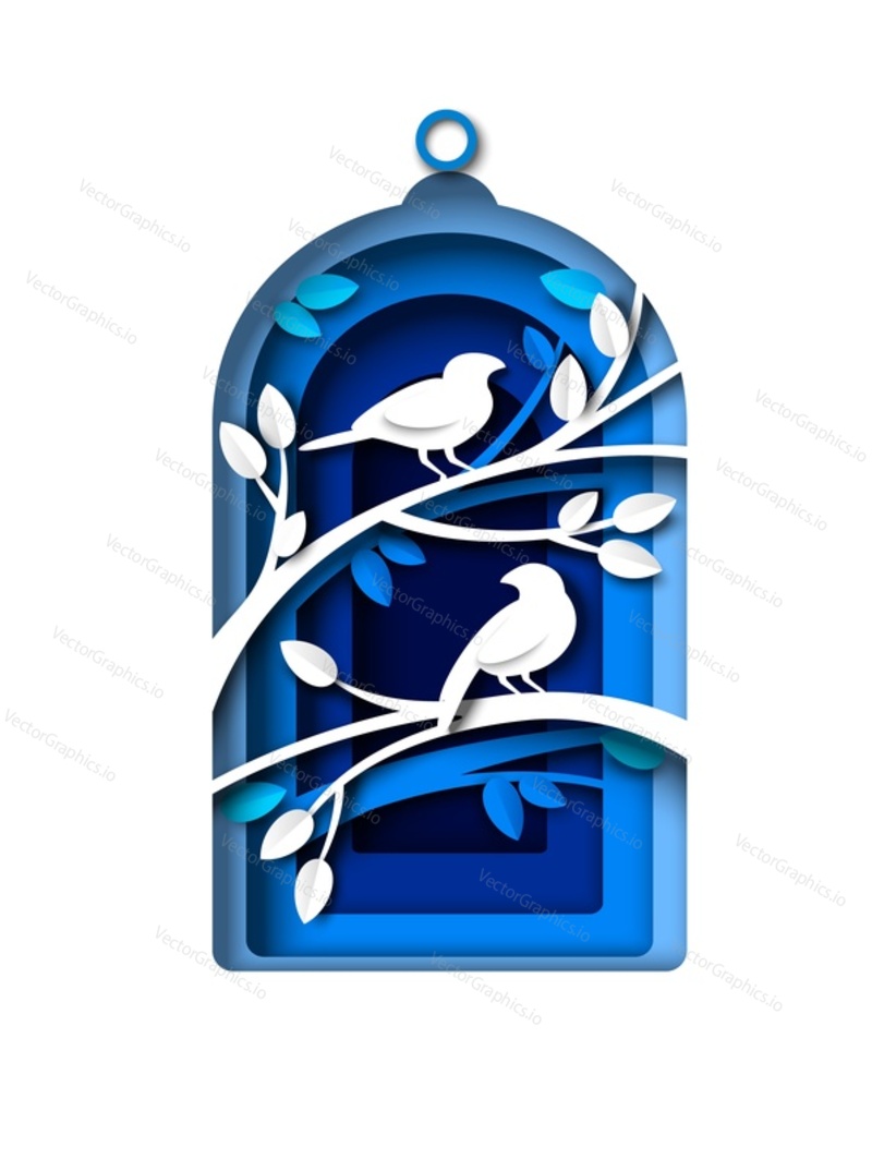 Птичья клетка с силуэтами птиц внутри, векторная иллюстрация в стиле бумажного искусства. Шаблон дизайна плаката с домашними животными.