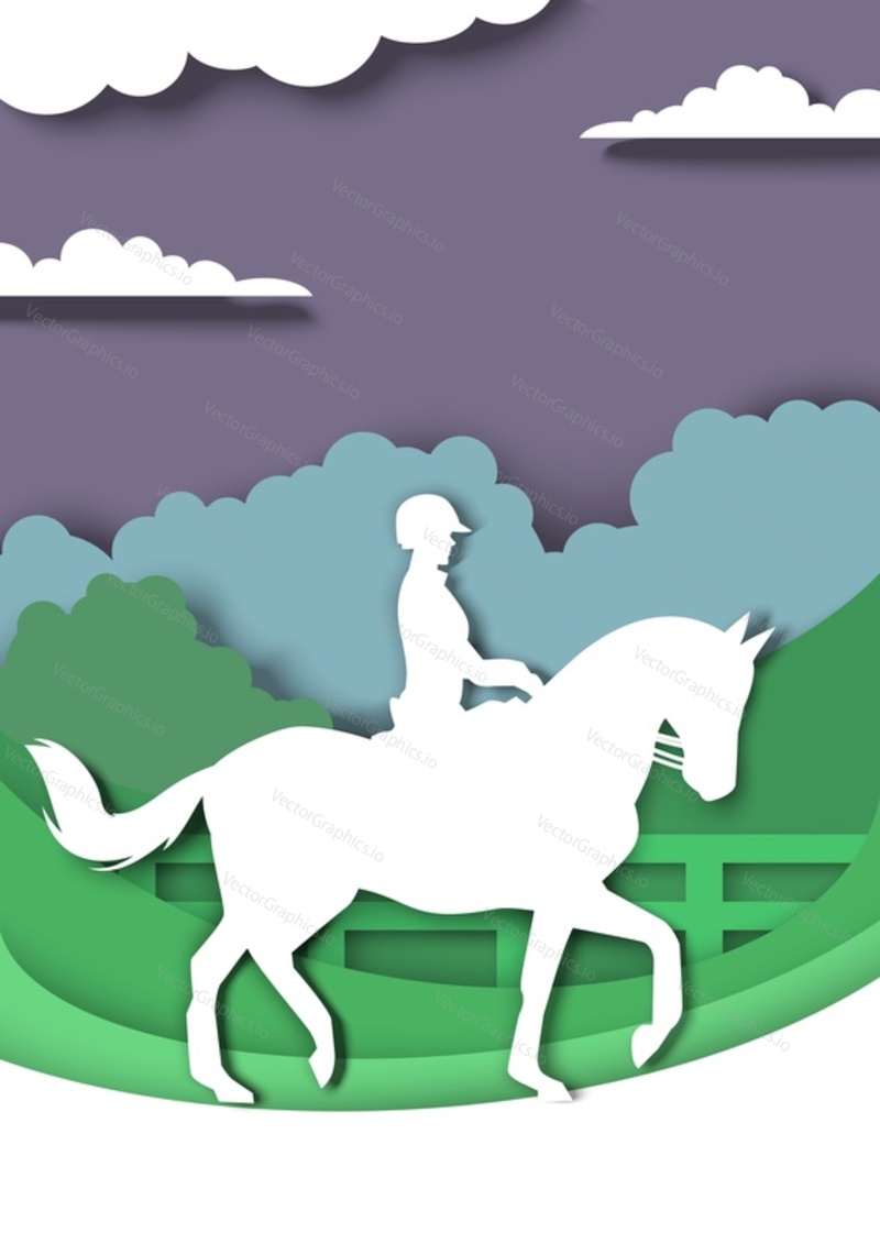 Силуэты лошади для выездки и всадника, векторная иллюстрация в стиле бумажного искусства. Конный спорт, выездка лошадей, верховая езда.