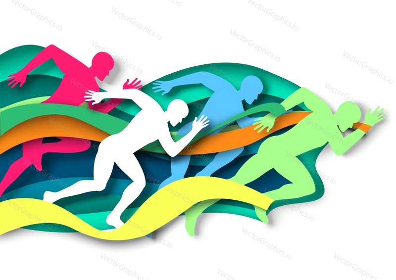 Силуэты марафонца, спринтера, победителя, векторная иллюстрация в стиле бумажного искусства. Финишная черта марафона. Чемпион. Спринт, соревнование по бегу на длинные дистанции. Легкая атлетика.