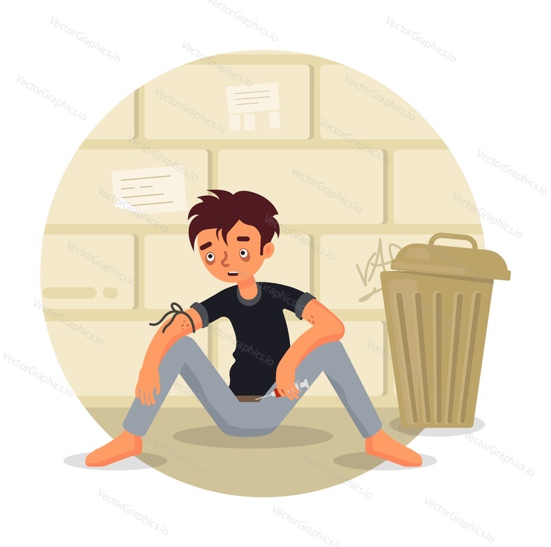 Unhappy young man, addict sitting on sidewalk with syringe, flat vector illustration. Heavy drug abuse and addiction. Mental health problem.