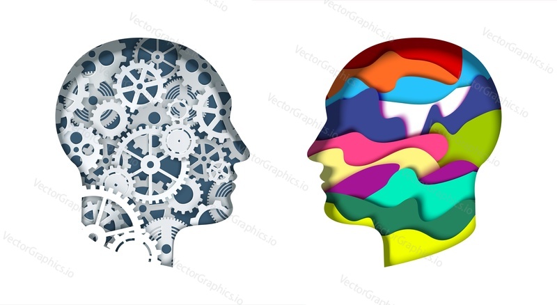 Силуэты человеческих голов с шестеренками, зубчатыми колесами и абстрактными яркими формами, векторная иллюстрация в стиле бумажного искусства. Мыслящий мозг. Творческий и логический склад ума. Мозговой штурм, сила мозга, креативность.