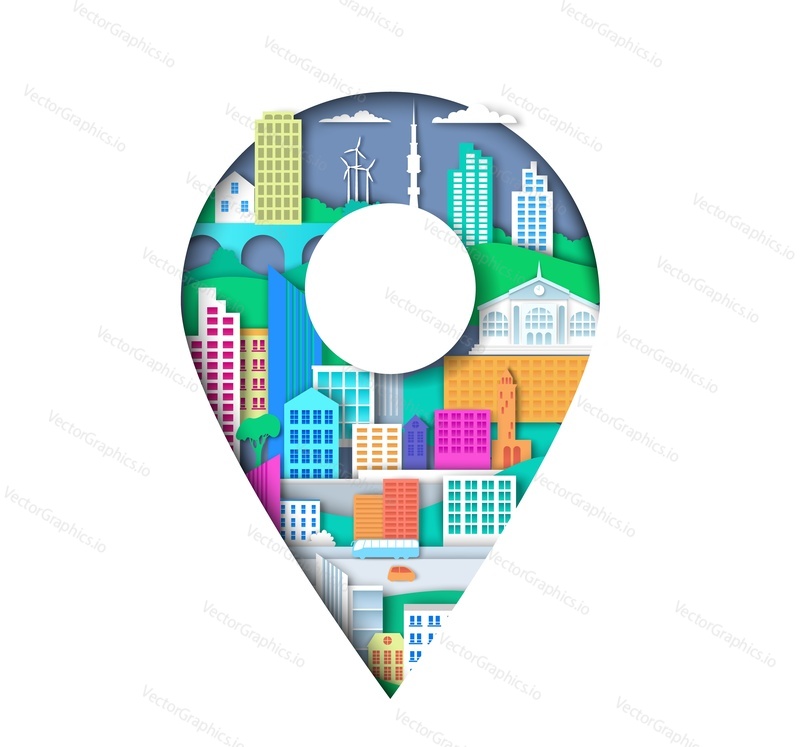 Location pin with city elements. Map pointer sign, vector illustration in paper art style. City navigation concept.