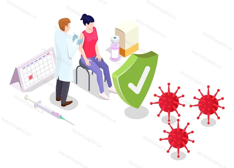 Концепция вакцинации против коронавируса Covid векторная иллюстрация в изометрическом стиле. Вакцина против Covid-19. Врач делает инъекцию вакцины против гриппа женщине в больнице. Иммунитет людей и защита от вирусов.
