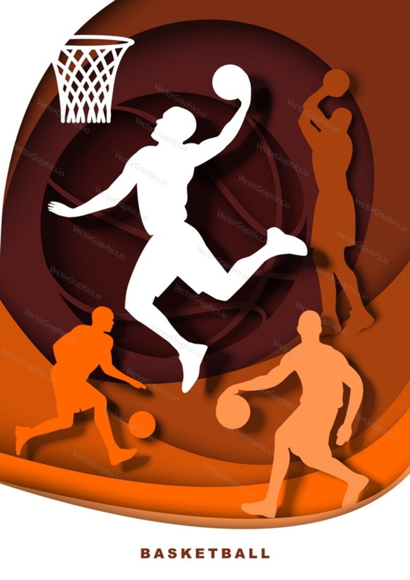Баскетболист с силуэтами мячей, векторная иллюстрация в стиле бумажного искусства. Профессиональные спортсмены прыгают и забрасывают мяч в обруч. Баскетбольный слэм-данк, дриблинг и подпрыгивающие движения.