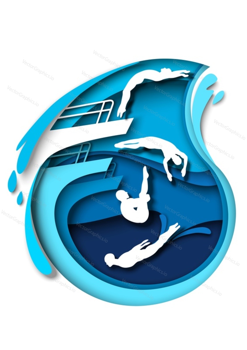 Springboard and platform diving. Paper cut craft style diver athlete silhouettes, vector illustration. Water sports. Acrobatic jumping into water from diving board, platform.