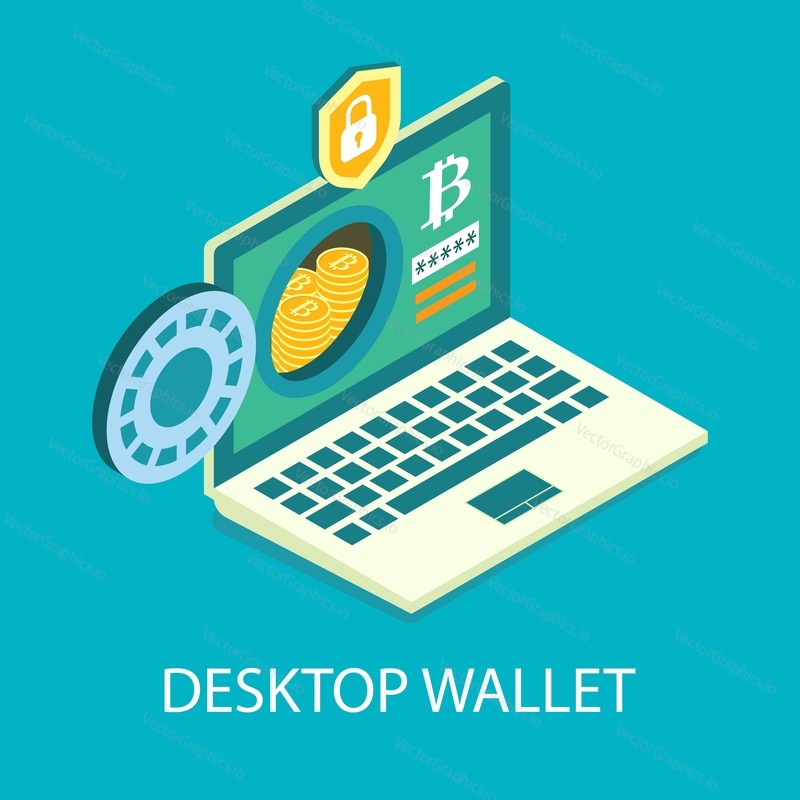 Desktop cryptocurrency wallet, flat vector illustration. Isometric laptop computer with bitcoins and shield. Digital money storage, online crypto coin wallet.