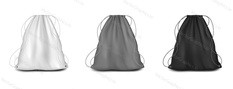 Backpack with strings mockup set, vector isolated illustration. White, grey and black sport bags with laces. Realistic drawstring canvas pouch templates.