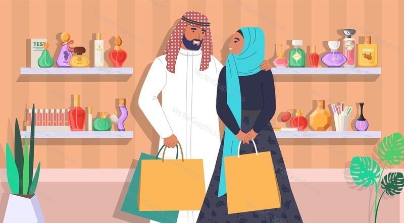Счастливая мусульманская семейная пара в парфюмерном магазине, плоская векторная иллюстрация. Мужчина и женщина из Саудовской Аравии в традиционной арабской одежде с хозяйственными сумками. Парфюмерия, интерьер универмага.