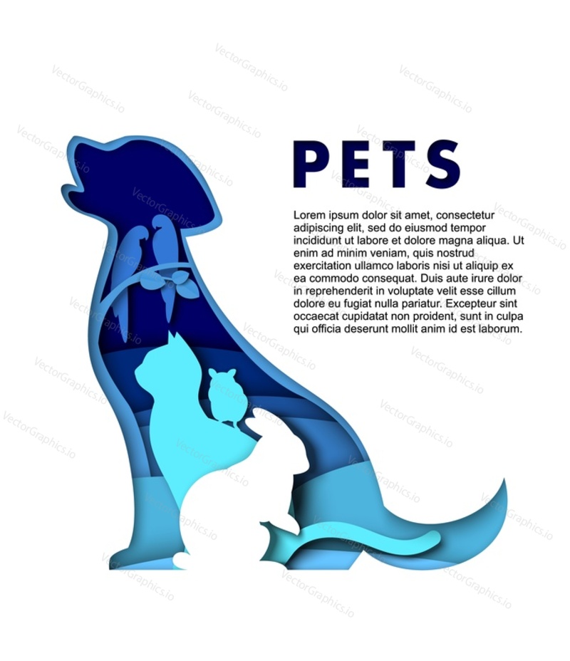 Cute pet animals silhouettes, vector illustration in paper art style. Dog, cat, rabbit, hamster, exotic parrots sitting together. Pets poster design template.