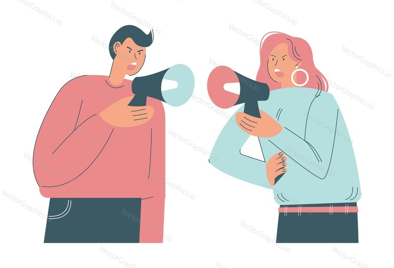 Мужчина и женщина кричат друг на друга через мегафоны, плоская векторная иллюстрация. Рассерженная пара, спорящая друг с другом. Семейный конфликт, ссора.