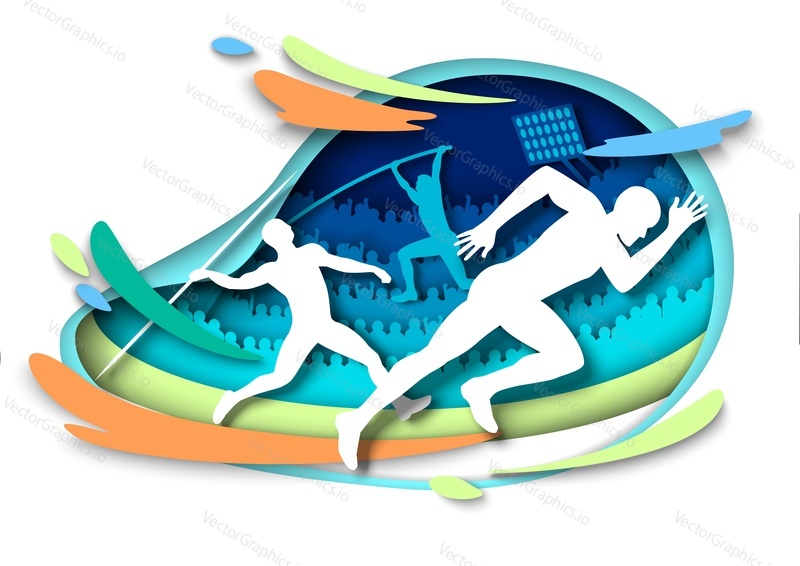 Athletics sport events. Athlete silhouettes, vector illustration in paper art style. Sprints. Pole vault. Javelin throw. Track and field, sport championship.