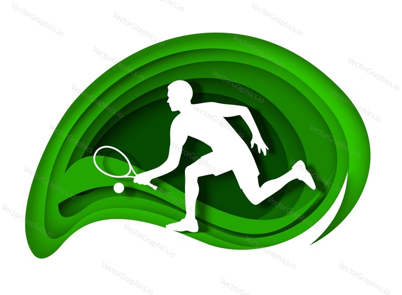 Теннисист с ракеткой и мячом, белый силуэт, векторная иллюстрация в стиле бумажного искусства. Чемпионат по спортивной игре в теннис.