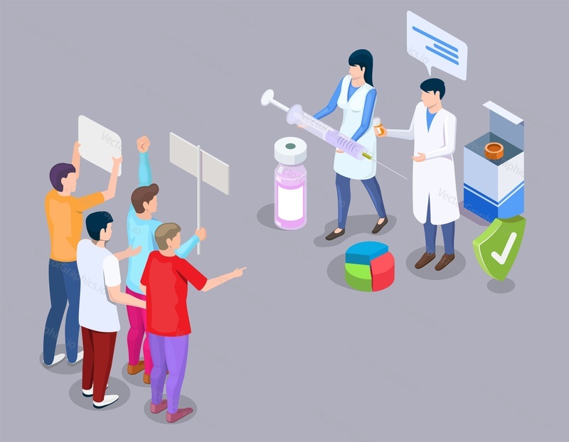 Anti-vaccine protest concept vector illustration in 3d isometric style. Anti vax movement. People protesting against mandatory vaccination and doctors with syringe.
