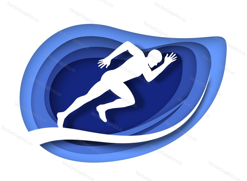 Марафонец, белый силуэт спринтера, векторная иллюстрация в стиле бумажного искусства. Спринтерский бег, соревнование по марафонскому забегу на длинные дистанции. Спортивное мероприятие по легкой атлетике.