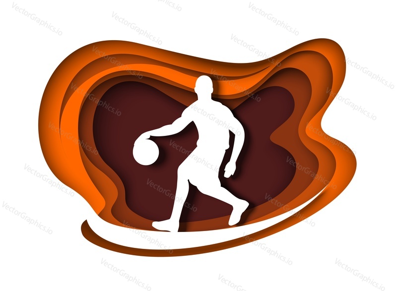 Баскетболист с белым силуэтом мяча, векторная иллюстрация в стиле бумажного искусства. Профессиональный спортсмен, играющий в командную спортивную игру. Баскетбольный дриблинг.