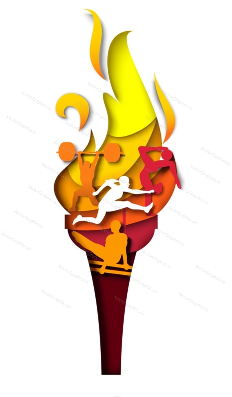 Спортивный пылающий факел с силуэтами гимнаста, марафонца, тяжелоатлета, векторная иллюстрация в стиле бумажного искусства. Церемония открытия эстафеты огня спортивных соревнований.