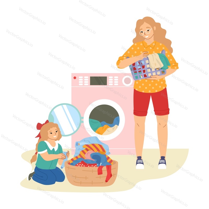 Симпатичная девушка загружает одежду в стиральную машину, помогает своей маме со стиркой и уборкой дома, плоская векторная иллюстрация. Детские домашние хлопоты и ответственность.