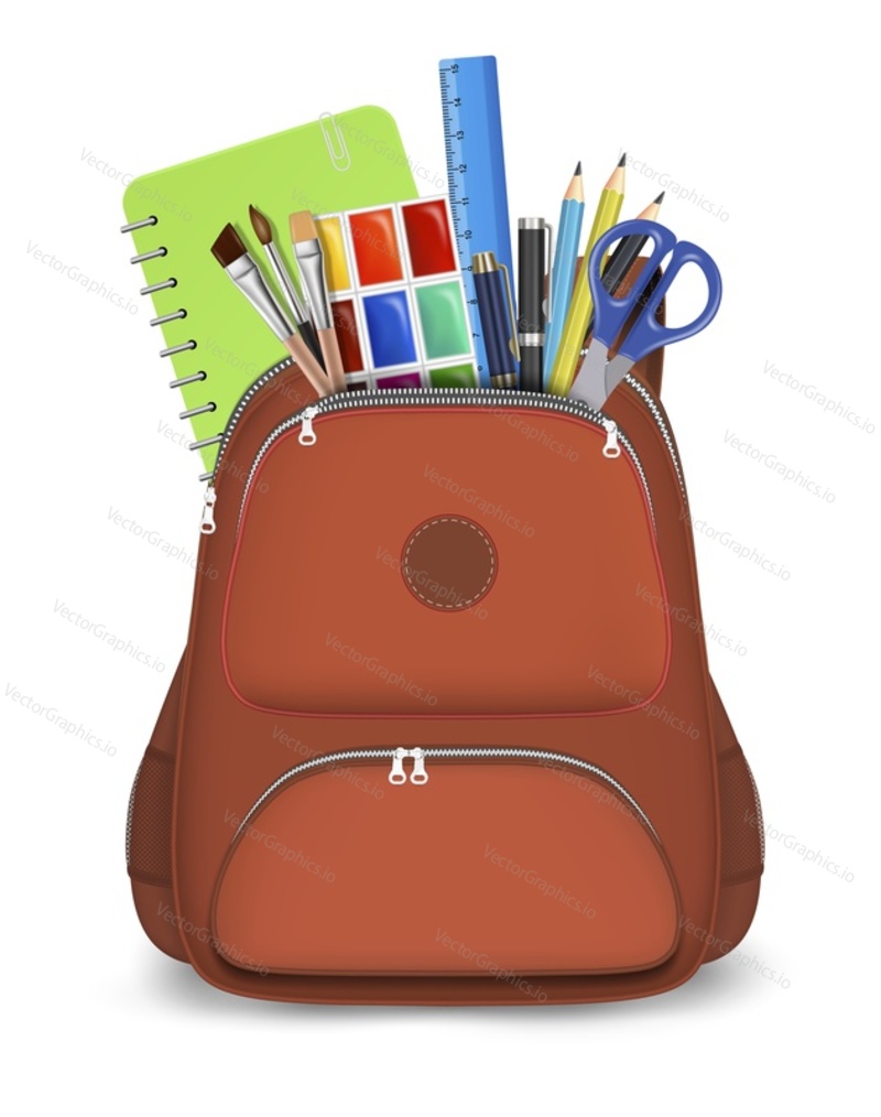Red backpack with school supplies, vector isolated illustration. Realistic rucksack with zipper, pockets, straps. Children school bag with notebook, ruler, scissors, pens, pencils, paint brushes.