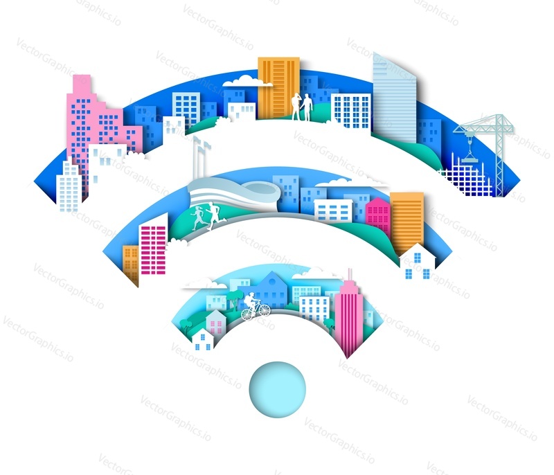 Вывеска Wi-Fi с городскими элементами. Векторная иллюстрация в стиле бумажного искусства. Интеллектуальный город с Wi-Fi. Технология беспроводного подключения к Интернету.