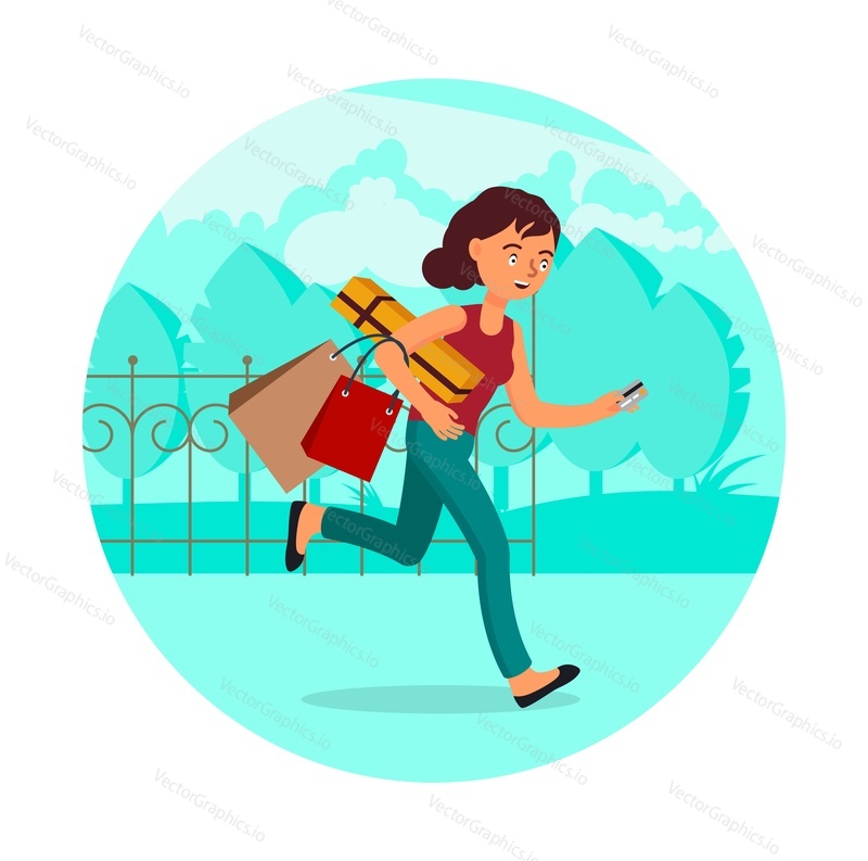 Женщина, бегущая по улице с сумками для покупок и кредитной картой в руках, плоская векторная иллюстрация. Концепция зависимости от покупок в Интернете.