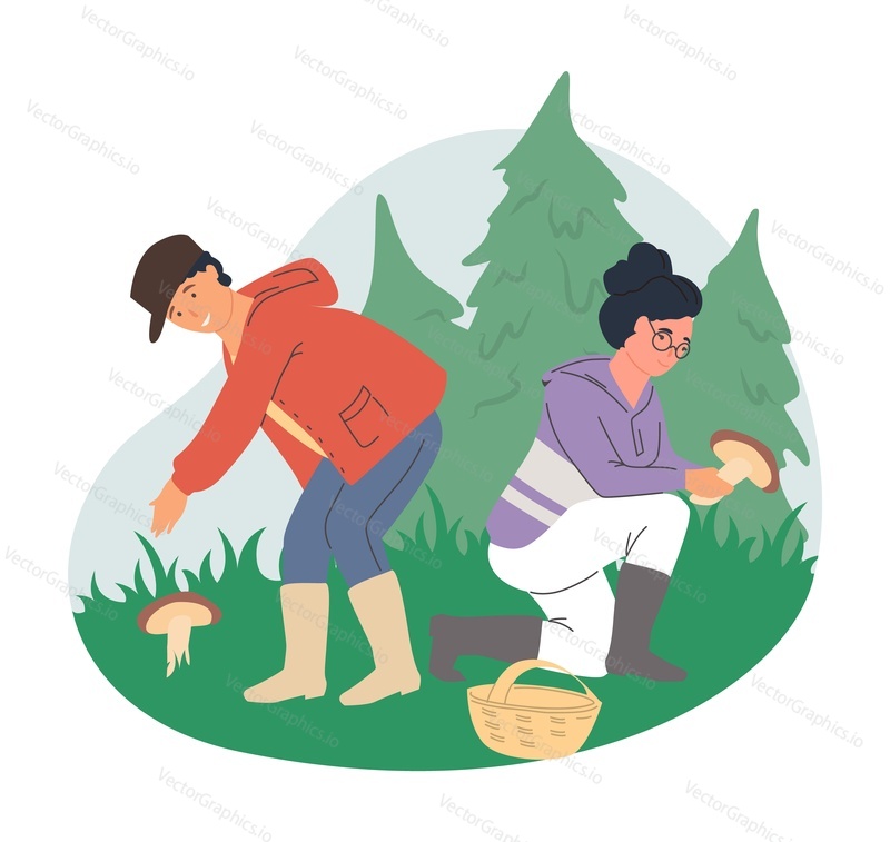 Happy couple walking in forest picking mushrooms, flat vector illustration. Mushroom hunting hobby. Summer and autumn season outdoor activity.