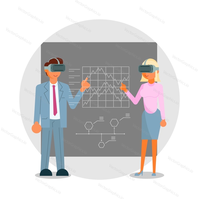 Деловые люди в очках виртуальной реальности прикасаются к интерфейсу виртуальной реальности, плоская векторная иллюстрация. Виртуальное образование, симуляция. Технология виртуальной реальности.