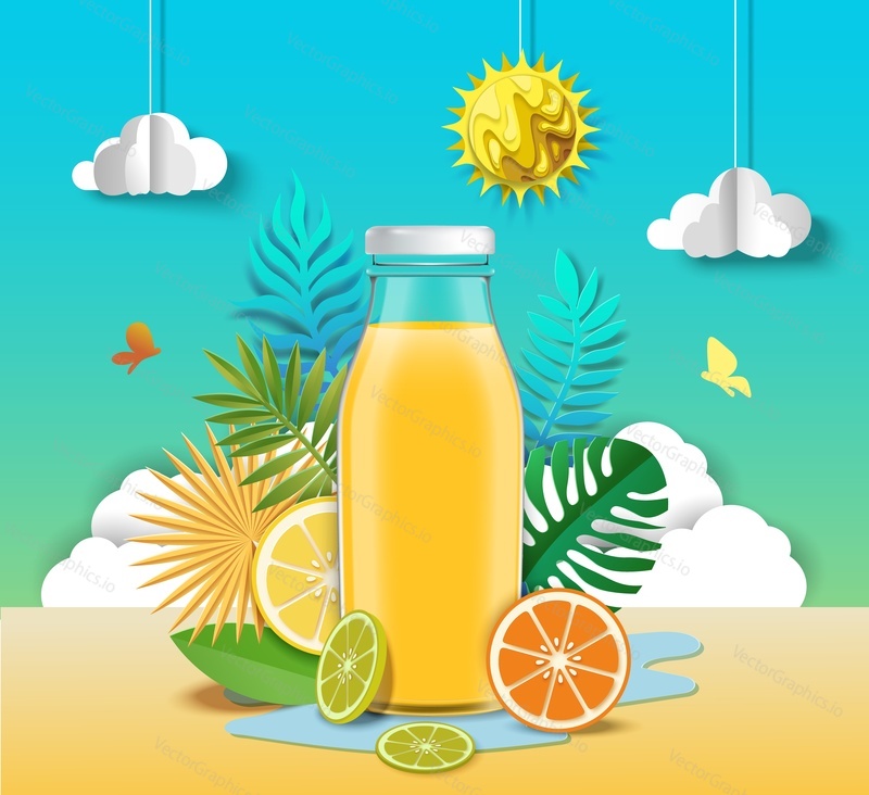 Шаблон дизайна рекламного плаката цитрусового сока. Реалистичная стеклянная бутылка для сока и вырезанные из бумаги свежие фрукты апельсин, лимон, векторная иллюстрация. Реклама полезных освежающих цитрусовых напитков.
