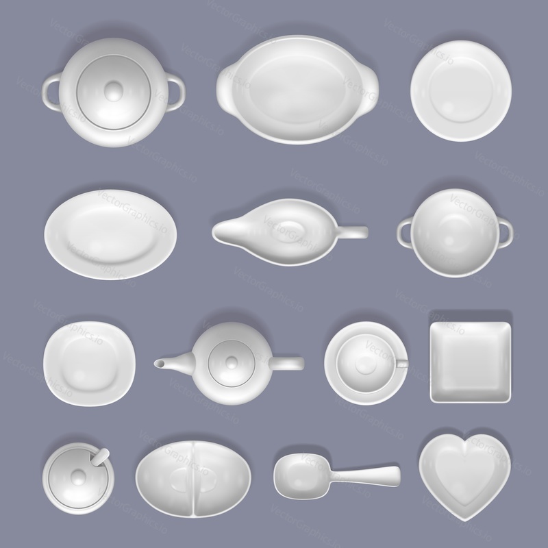 Набор макетов белой пустой керамической посуды, векторный вид сверху, изолированная иллюстрация. Реалистичное квадратное, круглое, в форме сердца блюдо, миска, тарелка. Фарфоровая посуда, столовые приборы и кухонные принадлежности. Кухонные принадлежности