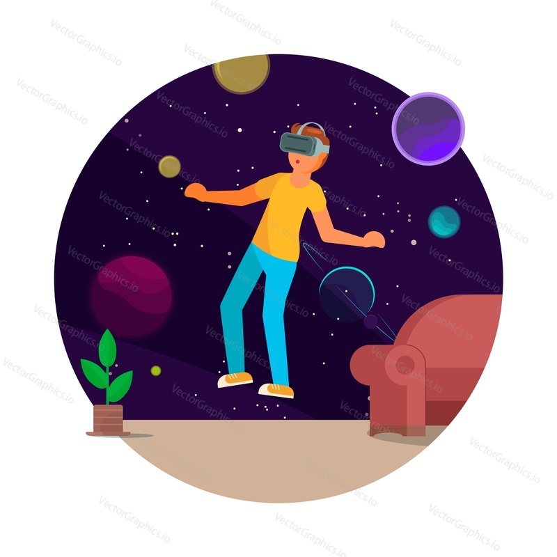 Молодой человек в гарнитуре виртуальной реальности, летящий в космическом пространстве, плоская векторная иллюстрация. Космическая VR-игра, симулятор, образование. Технологии виртуальной реальности и развлечения.
