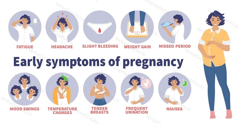 Векторная инфографика ранних признаков беременности, медицинский плакат. Утренняя тошнота, перепады настроения, тошнота, чувство усталости, вздутие живота, пропущенные месячные и т.д. Симптомы беременности. Здоровье беременной женщины.