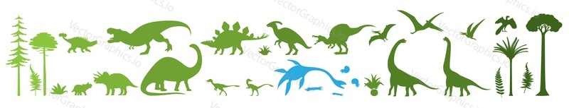 Зеленые силуэты динозавров. Динозавры юрского периода, дикие животные, векторная иллюстрация. Стегозавр, бронтозавр, тираннозавр рекс, велоцираптор, паразавролофус, спинозавр, брахиозавр, трицератопс, птеранодон