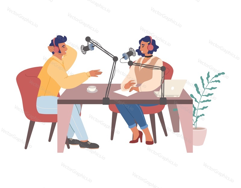 Люди в наушниках, говорящие в микрофоны в студии, плоская векторная иллюстрация. Женщина-диджей, радиоведущая, берущая интервью у гостя, создающая подкаст, ведущая радиошоу в прямом эфире. Подкастинг, онлайн-радио.