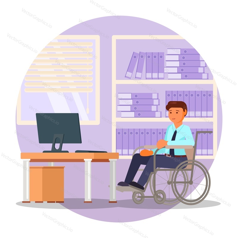 Молодой человек в инвалидной коляске, работающий в офисе, плоская векторная иллюстрация. Бизнесмен с физическими недостатками. Образ жизни человека с ограниченными возможностями. Трудоустройство инвалидов.