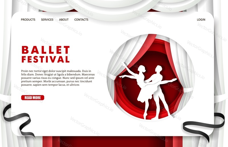 Дизайн целевой страницы фестиваля балета, шаблон баннера веб-сайта. Векторная иллюстрация в стиле бумажного искусства. Силуэты пары танцоров классического балета, танцующих на сцене.