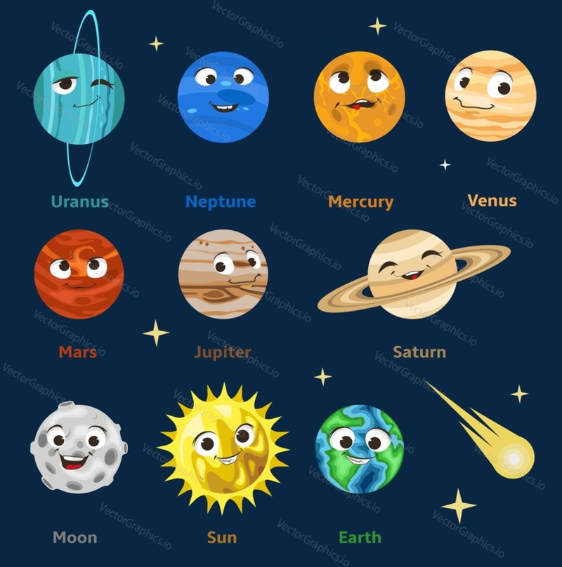 Милые мультяшные планеты Солнечной системы. Вырезанный из бумаги Уран Нептун Меркурий Венера Марс Юпитер Сатурн Земля Солнце Луна с улыбающимися лицами, векторная иллюстрация. Забавный детский эмодзи космической планеты. Детская астрономия.