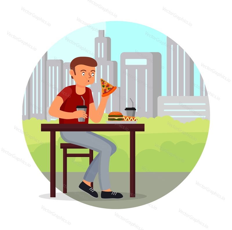 Голодный человек, сидящий за столом ресторана, ест пиццу, хот-дог, бургер, пьет газировку, плоская векторная иллюстрация. Жирная нездоровая пища, нездоровое питание. Переедание и ожирение. Зависимость от фаст-фуда. Дурная привычка