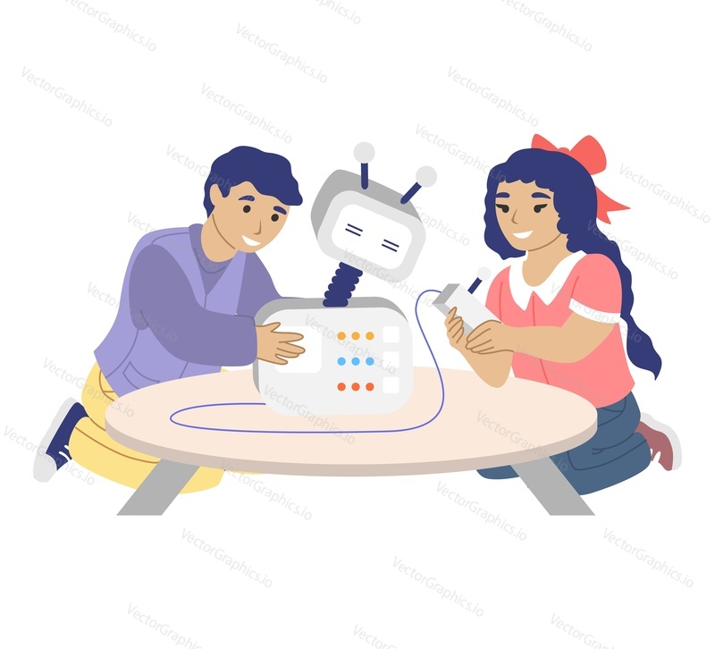 Счастливые дети, играющие с игрушечным роботом или программирующие умного робота, плоская векторная иллюстрация. Школа робототехники, детский инженерный клуб, класс робототехники.