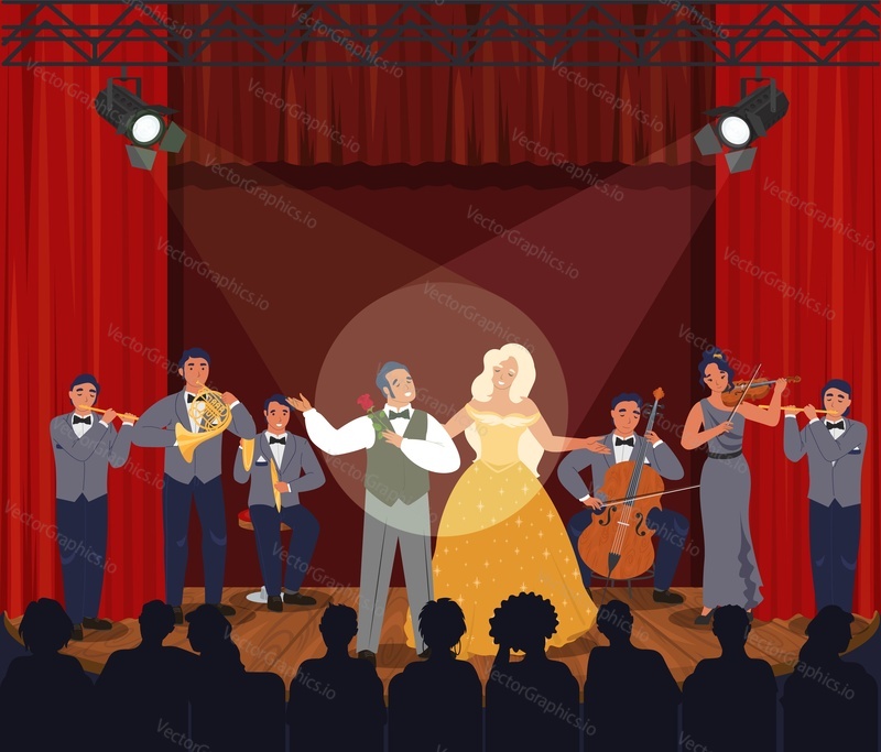 Сцена оперного театра с красными занавесами. Музыканты и актеры-певцы, выступающие на сцене перед аудиторией, векторная иллюстрация. Представление в оперном театре, развлекательная программа.