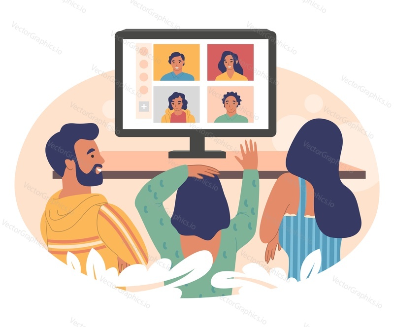 Родственники, общающиеся онлайн через групповой чат видеозвонков, плоская векторная иллюстрация. Виртуальная встреча, общение с семьей и друзьями. Технологии видеоконференций.