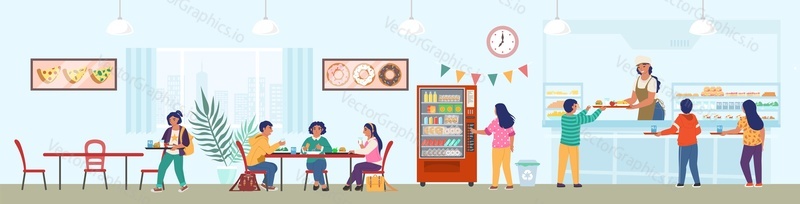 Школьная столовая с персоналом и детьми за обедом, плоская векторная иллюстрация. Школьная столовая, буфет, интерьер кафе с мебелью, автомат по продаже продуктов питания и обедающие учащиеся.