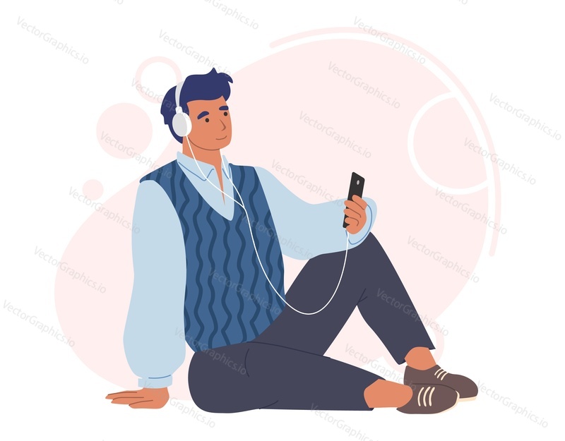 Молодой человек в наушниках слушает аудиопрограмму, музыку, аудиокнигу на смартфоне, плоская векторная иллюстрация. Подкастинг, онлайн-образование, радиоподкаст.