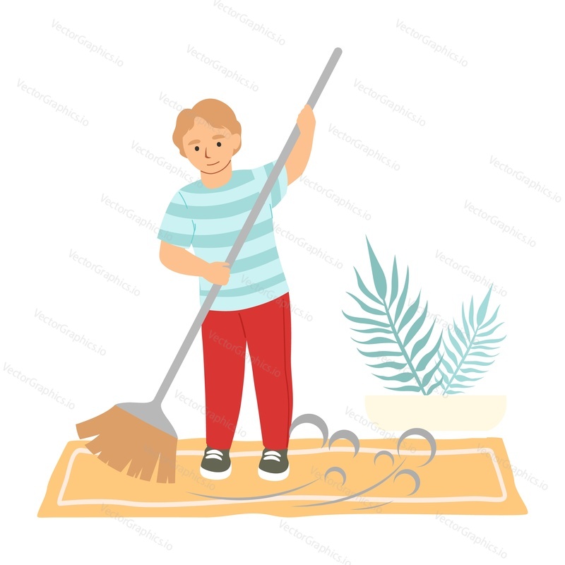 Милый мальчик подметает пол метлой, помогает родителям с уборкой дома, плоская векторная иллюстрация. Детские домашние хлопоты и ответственность.