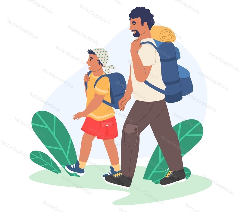 Счастливые отец и сын вместе отправляются в поход, плоская векторная иллюстрация. Семейные персонажи отправляются в поход, путешествуя с рюкзаками. Отношения между родителями и детьми, счастливое отцовство и воспитание детей. Активный отдых на свежем воздухе.