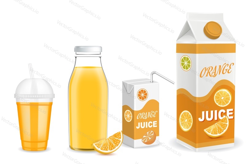 Набор макетов контейнера для упаковки апельсинового сока, векторная иллюстрация, выделенная на белом фоне. Стеклянная бутылка, пластиковый стаканчик с соломинкой, шаблоны картонных упаковок.