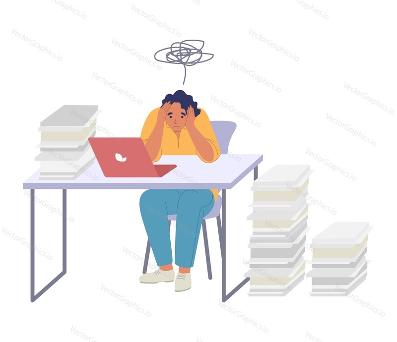 Усталая измученная женщина-сотрудник сидит за столом в офисе, держась за голову, плоская векторная иллюстрация. Синдром эмоционального выгорания, хроническая усталость, стресс, офисная депрессия, проблемы с психическим здоровьем, кризис на работе.