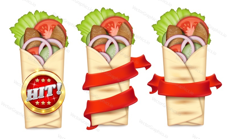 Shawarma promo banner template set, vector isolated illustration. Turkish takeaway fast food. Realistic pita bread roll with chicken, beef meat, vegetables. Doner kebab, burrito. Arabic cuisine.
