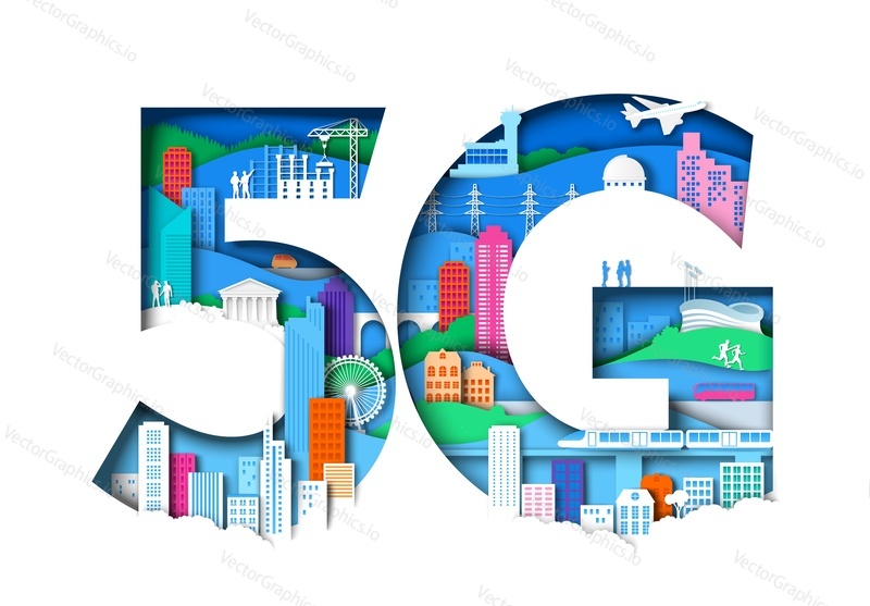 Символ 5G с элементами города. Векторная иллюстрация в стиле бумажного искусства. мобильная сеть 5-го поколения, технология беспроводного подключения к Интернету.