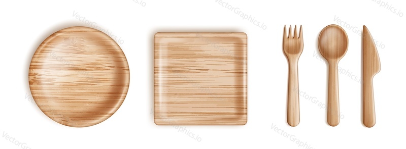 Экологически чистая деревянная посуда для сервировки и употребления макета набора продуктов питания, векторная иллюстрация. Устойчивые деревянные столовые приборы и тарелки. Ресторанная бамбуковая вилка, ложка, нож и посуда. Натуральная кухонная утварь.